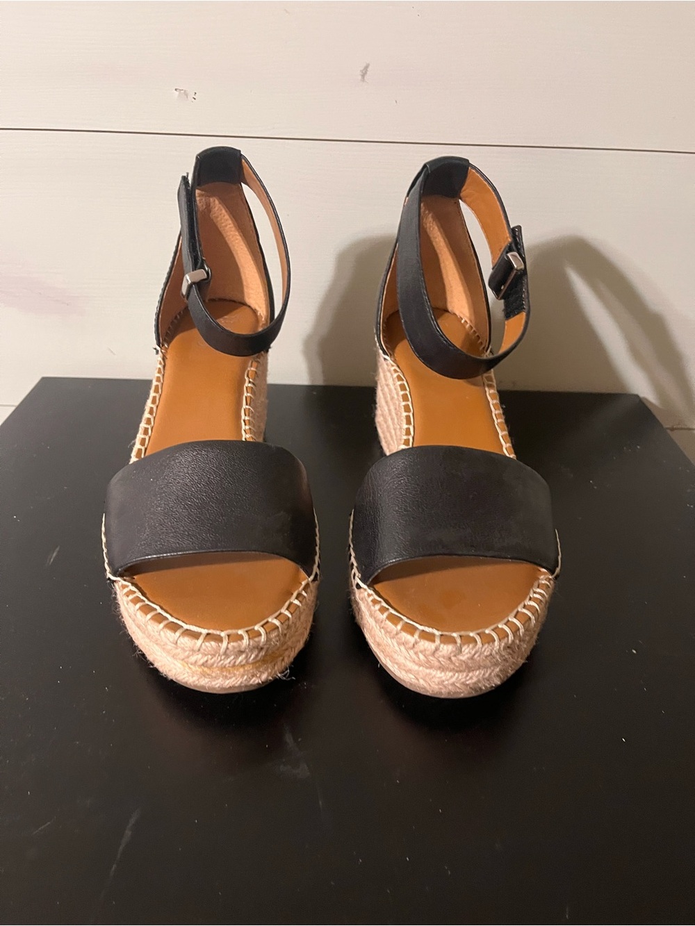 Franco Sarto Black Espadrille Wedge Sandals with Ankle Strap